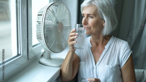 Mature Woman holding a glass of water beside a home fan, seeking relief from summer heat. Hydration and cooling