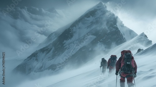 High up in the mountains a team of climbers navigate treacherous terrain and unpredictable weather as they make way towards a peak that has yet to be conquered