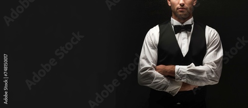 Portrait a waiter tuxedo man in restaurant copy space dark background. AI generated image