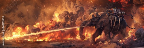 A elephant working as a firefighter bravely putting out a blazing fire