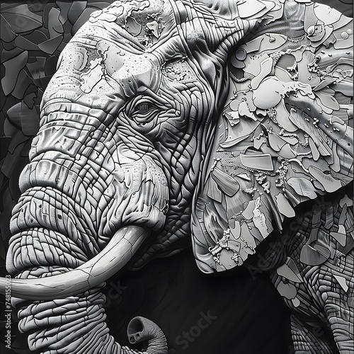 Black and white illustration with an elefant