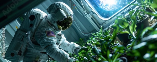 An astronaut in zero g tending to space agriculture Earth shining brightly through the window
