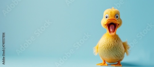 Cute duckling expression surprised on light blue copy space background. AI generated image