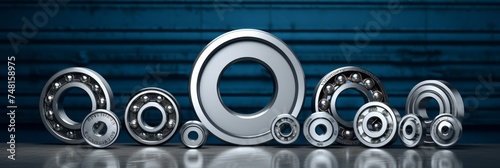 Various sizes of metal ball bearings lined up against a blue corrugated metal background.