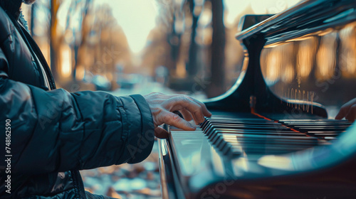 A captivating scene of a street musician playing a soulful melody on a grand piano in a park realistic stock photography