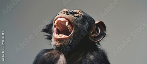 portrait a chimpanzee primate laughing broadly on a gray background. Generated AI image