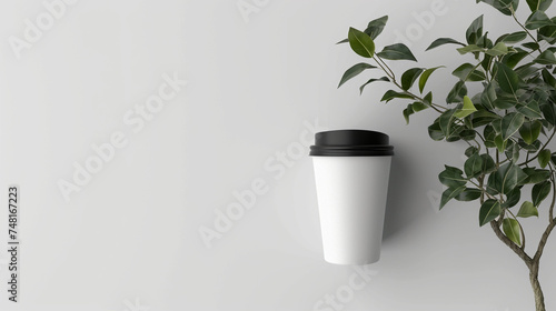 Maqueta de taza de papel en blanco con tapa negra para bebida. Vaso de papel para café caliente o bebida en envase.