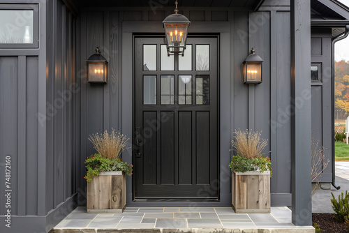 A front door detail of a black modern farmhouse with a black front door, light fixtures, and a stone covered porch.