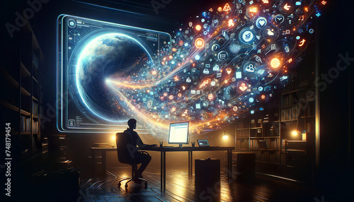 A silhouette of a person internet surfing, facing a futuristic computer screen projecting a 3D hologram of Earth amidst a dynamic swirl of digital icons and symbols, AI generated.