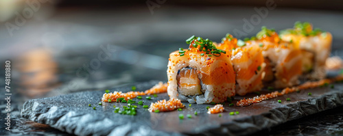 Delicate sushi rolls on a sleek slate platter with a dark background Top view space to copy.