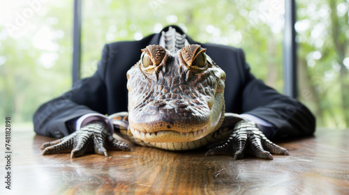 Vile, angry, heartless corporate manager depicted as crocodile or alligator in his office