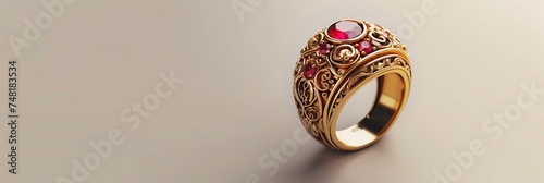 Beautiful golden ring with garnet or ruby gemstones on neutral light background