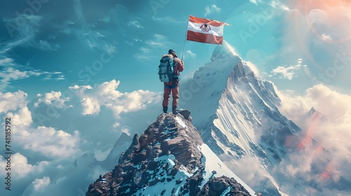 Man Standing on Mountain Peak Holding Nepalese Flag