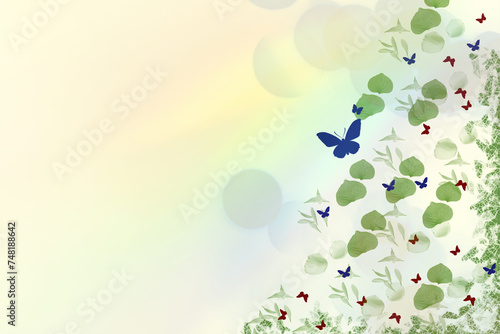 Fond printemps coloré avec papillons et pétales de fleurs