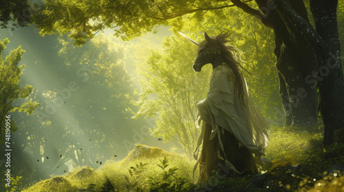 A mythical centaur in a flowing tunic and a sleek horse head mask representing the fusion of human and animal. In the background a lush green forest with sunbeams shining