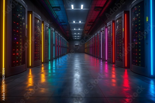 A shot of a data center featuring multiple rows of fully operational server racks. This image represents modern telecommunications, artificial intelligence, and supercomputer technology concepts
