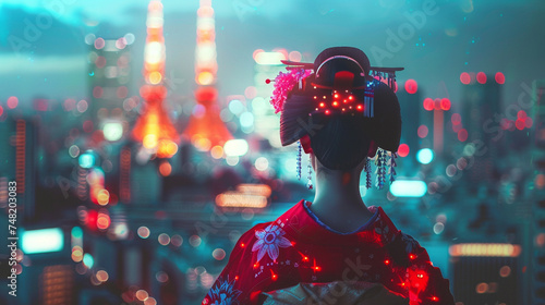 Futuristic geisha with holographic accessories performing a traditional dance amidst a high-tech Tokyo skyline