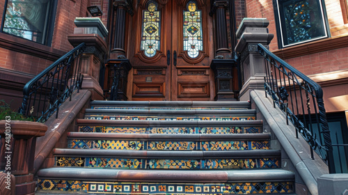 A grand staircase leading up to a double door entrance of a historic townhouse featuring intricate mosaic tiles on the steps and a beautiful stained glass transom window above.
