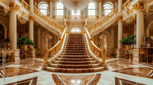 Background The grand staircase of a palace adorned with grandeur and opulence serves as a breathtaking backdrop for this modern royal attire.