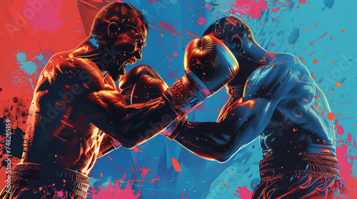 Boxing with surreal elastic arms unreal action frozen in pop art splashes dynamic crowd background