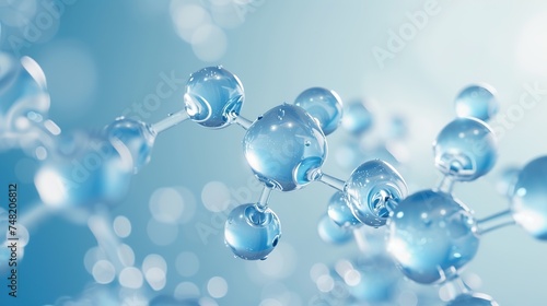 close up selective focused of a water molecule in liquid blue background. The circle of H2O, a chemical compound, represents the fluid and moist nature of this transparent material
