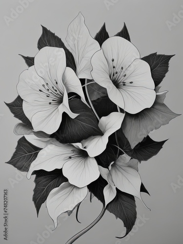 Black And White Texture of Trillium Bloom and Leaves in spring ,Black and white trillium flower with a film filter