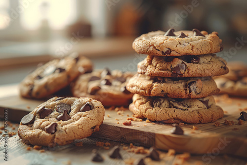 Food shot of chocolate chip cookies in studio, highlighting their golden-brown edges and gooey chocolate chips, bakery showcases, dessert menus, food photography, Generative AI