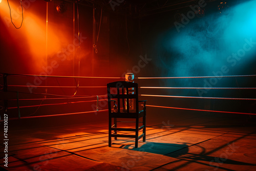 Professional boxing ring illuminated with chair