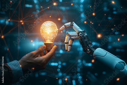 AI, Machine learning, Robot and human hands touching on a big data network, Creative brain data in a light bulb, Science and artificial intelligence technology