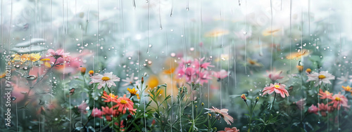 Double exposure of a flower garden and heavy rain, symbolizing the rejuvenation and growth that come from embracing life's storms.