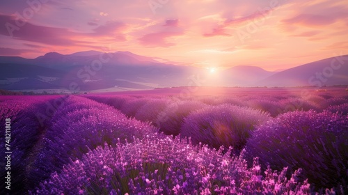 The vibrant purple hues of the blooming lavender contrast beautifully with the warm tones of the setting sun. 