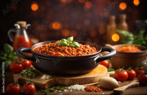 Italian bolognese sauce stewed in a pan with ingredients