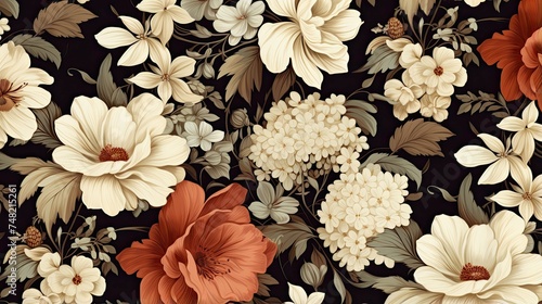 A beautiful floral pattern with cream, white, and orange flowers on a dark background.