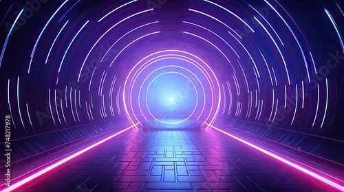 Glowing purple and blue neon lights form a circular tunnel. The tunnel appears to be in a spaceship or other futuristic setting.