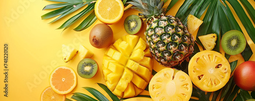 Tropical fruit platter with pineapple, mango, and kiwi. Overhead shot on a vibrant tropical background Top view space to copy