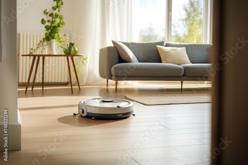 Modern living room with a robotic vacuum cleaner. Robot Vacuum Cleaner