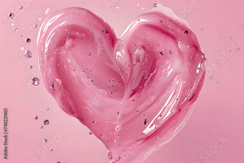Liquid gel cosmetic smudge texture in heart shape on pink background. Aesthetic beautiful textured smear transparent skin gel or face mask like heart. Top view or flat lay