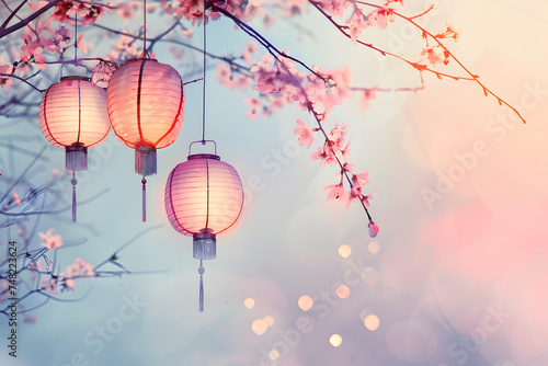 Japanese lanterns with sakura tree background.
