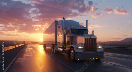 3D Animated Semi Truck Driving on Highway at Sunset 