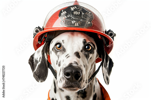 Dalmatian dog in firefighter helmet isolated on white background. Fire department, emergency response, rescue operations concept. Funny pet portrait. Design for banner, poster