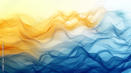 Fond abstrait montrant un tissu plissé et ondulé transparent, de type voile ou organza, dégradé vaporeux de jaune, blanc et bleu