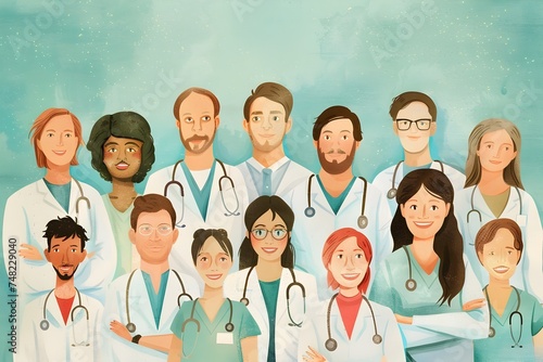 diverse group of doctors and medical professional posing together in watercolor style suitable for healthcare and medical related contexts, surgery, medical technology, disease treatment concept