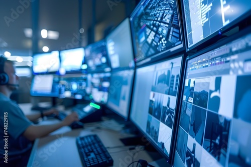 large room filled with several large monitors in the style of security camera set up in small office with dramatic use of perspective providing view of workspace equipped with modern technology