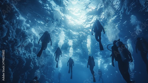 A group of scuba divers ventures deep underwater, surrounded by the serene azure of the ocean as light filters through from above