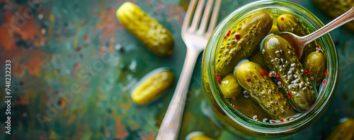A jar of pickles and a fork on a green background. Sour and crunchy snack or side dish. Top view space to copy.