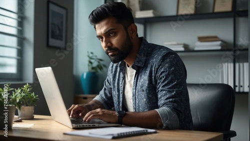 Indian male employee in casual shirt engrossed in work at his office, using a laptop and reviewing paperwork with focus