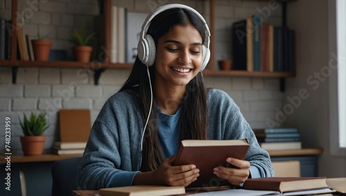 Smiling millennial indian girl in headphones read textbook study watching webinar on laptop, happy smart ethnic female student prepare for test with book and computer, take distant educational course