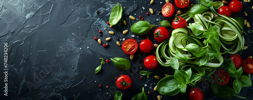 A medley of zucchini ribbons, cherry tomatoes, and pine nuts on a sleek black surface. Top view space to copy.