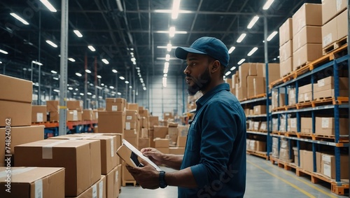 Futuristic Technology Retail Warehouse Worker Doing Inventory Walks when Digitalization Process Analyzes Goods, Cardboard Boxes, Products with Delivery Infographics in Logistics, Distribution Center 