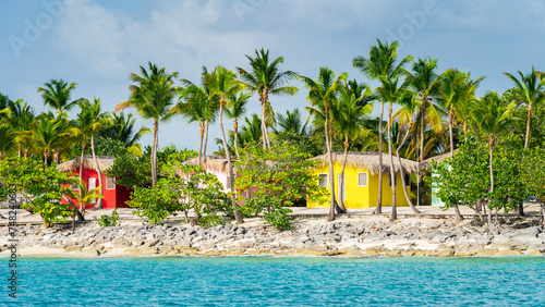 Colorful houses on Catalina beach, dominican republic with palm trees